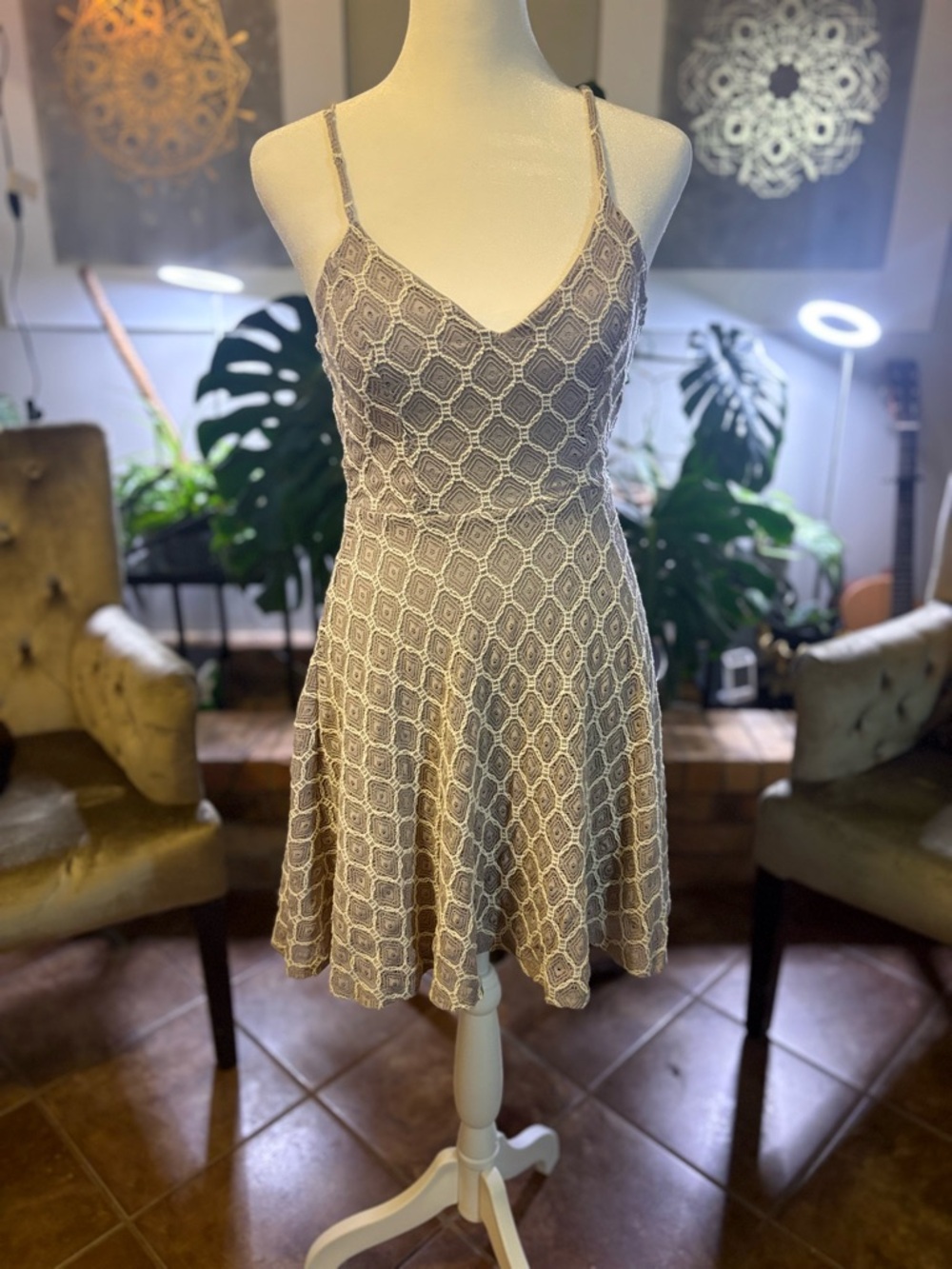Kimchi Blue Beige Lace-Pattern Spaghetti Strap Mini Dress